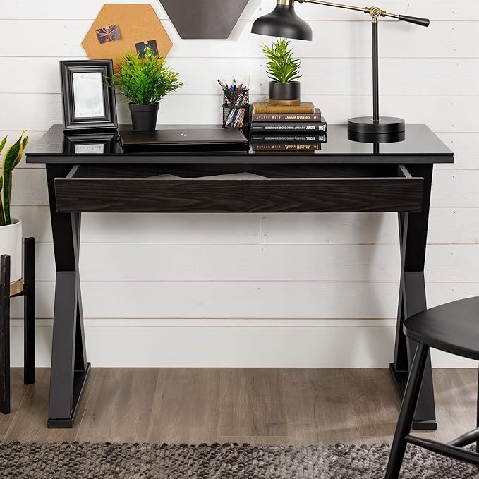 Walker Edison Lawrence Urban Industrial X Leg Glass Top Computer Desk, 48 Inch, Black - LeafyLoom