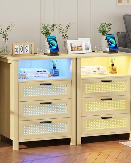 Rattan Nightstands Set of 2 with Charging Station, Night Stand with 3 Drawers and Open Shelf, Bed Side Table with LED Lights for Bedroom, Living Room, Natural Wood - LeafyLoom