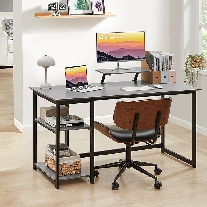 GreenForest Computer Home Office Desk with Monitor Stand and Reversible Storage Shelves,55 inch Modern Simple Writing Study PC Work Table,Grey - LeafyLoom