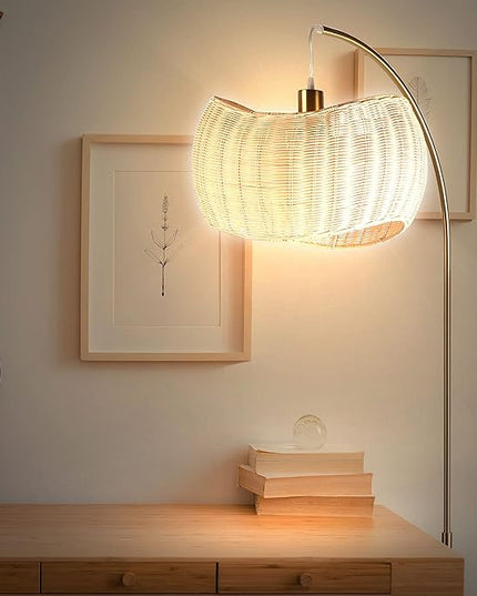 Brightech Wave Arched Floor Lamp – Unique Hanging Wicker Shade for Living Rooms – Rattan Style Matches Boho and Other Décor – Arcs Over Sofas and Dining Tables for Compliments - Brass - LeafyLoom