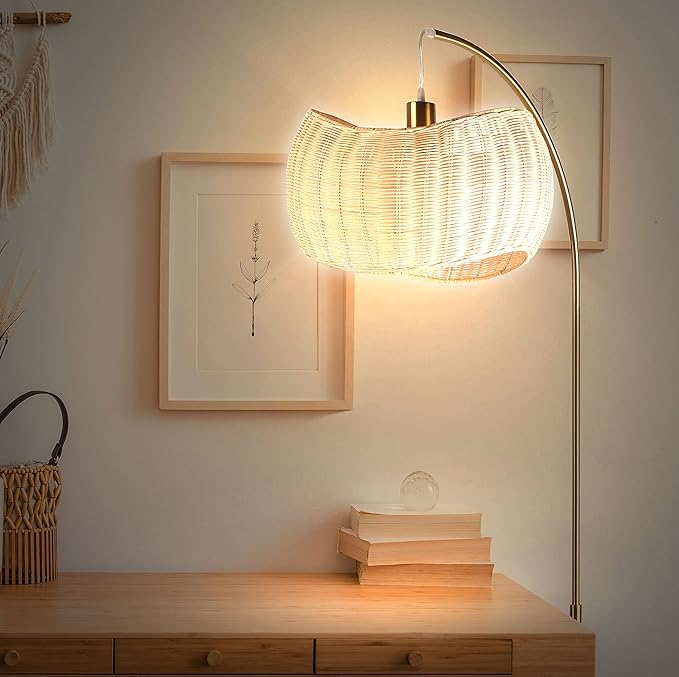 Brightech Wave Arched Floor Lamp – Unique Hanging Wicker Shade for Living Rooms – Rattan Style Matches Boho and Other Décor – Arcs Over Sofas and Dining Tables for Compliments - Brass - LeafyLoom