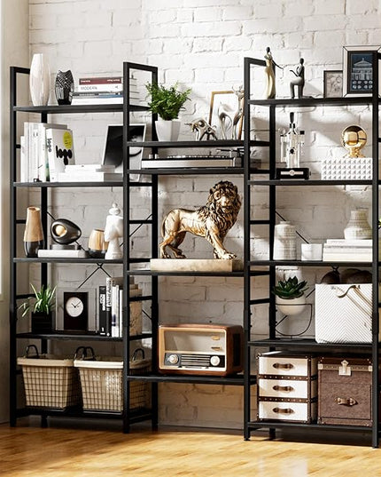 NUMENN Triple Wide 5 Tier Bookshelf, Rustic Industrial Style Bookcases and Bookshelves with 14 Open Display Shelves, Modern Tall Bookcase Furniture for Bedroom, Living Room and Home Office, Black - LeafyLoom