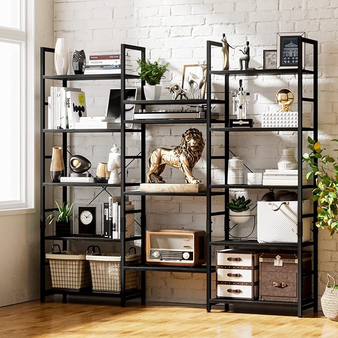 NUMENN Triple Wide 5 Tier Bookshelf, Rustic Industrial Style Bookcases and Bookshelves with 14 Open Display Shelves, Modern Tall Bookcase Furniture for Bedroom, Living Room and Home Office, Black - LeafyLoom