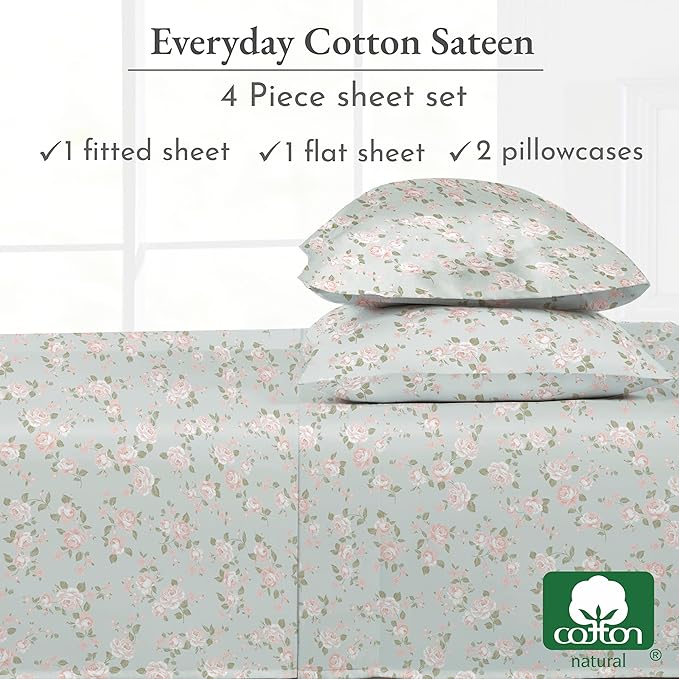 California Design Den Printed Pattern Rose Queen Sheet Set, 100% Cotton Sateen 4 Pc Deep Pocket Queen Sheets & Pillowcase Set - Vintage Rose - LeafyLoom