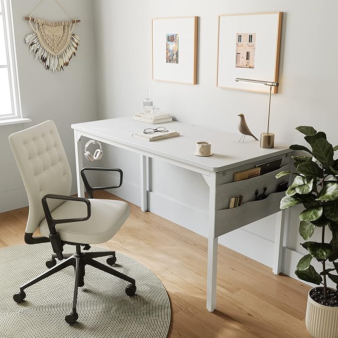 BANTI Computer Desk, 47 inch Home Office Writing Study Desks with Storage Bag, Small PC Table, Modern Simple Style for Space-Saving, White - LeafyLoom
