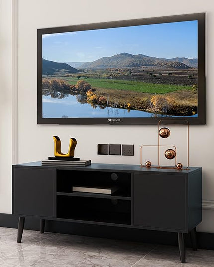 Yusong Retro TV Stand for 55 Inch TV, Entertainment Centers for Living Room Bedroom, Wood TV Bench Table TV Console TV Cabinet with 2 Storage Cabinets and Open Shelves, Black - LeafyLoom