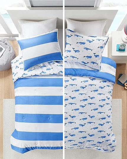 Mizone Kids Blake Reversible Dolphin Comforter Set - Adventure Animal Adorable Print with Stripe Reverse, Fun Bedroom Décor, Modern All Season Kids Bedding, Matching Sham, Full/Queen, Blue 3 Piece - LeafyLoom