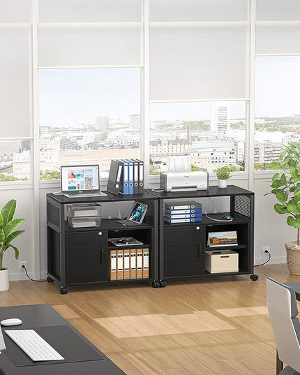Unikito Lateral File Cabinet, Locking Office Filing Cabinets with Socket and USB Charging Port, Modern Rolling Printer Stand with Storage for A4, Letter Size and File Folders, Black - LeafyLoom