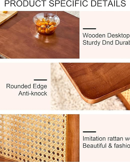 Rattan Coffee Table Rectangular Solid Wood Coffee Table with Cross Table Legs for Living Room Furniture - LeafyLoom