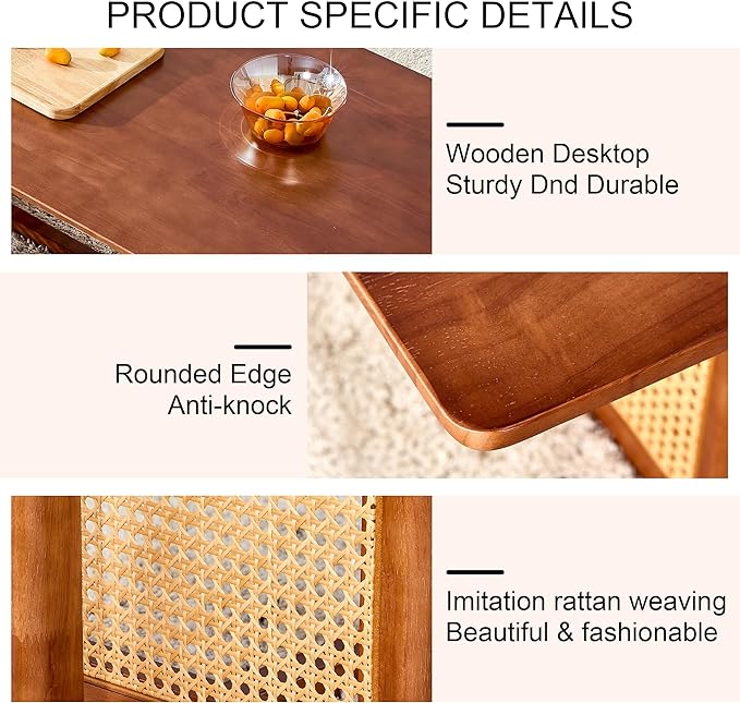 Rattan Coffee Table Rectangular Solid Wood Coffee Table with Cross Table Legs for Living Room Furniture - LeafyLoom
