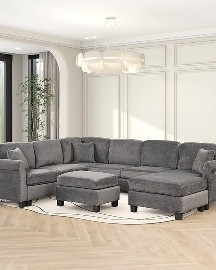 122.1" Modern U-Shape Sectional Sofa with Right Side Chaise & Removable Ottoman, Velvet Upholstered Couch w/ 3 Pillows, for Living Room, Apartment, 122.1 Inch, Dark Gray - LeafyLoom