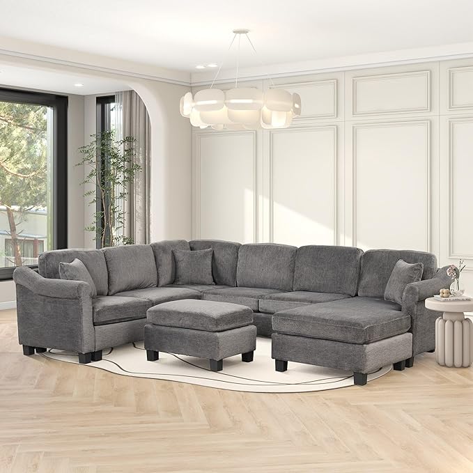 122.1" Modern U-Shape Sectional Sofa with Right Side Chaise & Removable Ottoman, Velvet Upholstered Couch w/ 3 Pillows, for Living Room, Apartment, 122.1 Inch, Dark Gray - LeafyLoom