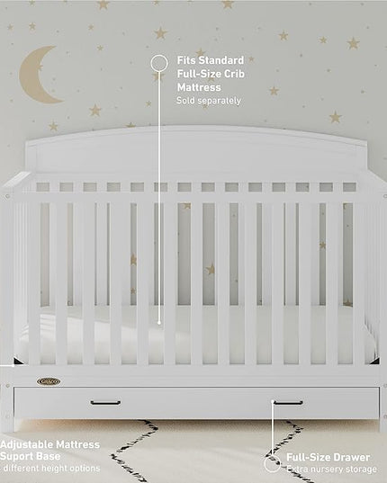 Graco Benton 5-in-1 Convertible Crib with Drawer (White) - Converts from Baby Crib to Toddler Bed, Daybed and Full-Size Bed, Fits Standard Full-Size Crib Mattress, Adjustable Mattress Support Base - LeafyLoom