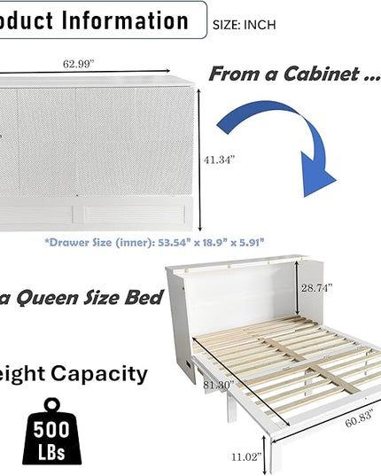 Queen Size Murphy Bed with Storage Drawer for Small Space,Bedroom, Livingroom, Guestroom, White - LeafyLoom