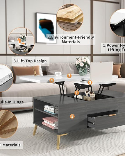 47 Inch Lift Top Coffee Table with 4 Drawers, Modern Center Table with Extendable Tabletop and Open Shelf, Multi Functional Coffee Table for Living Room, White+Grey - LeafyLoom