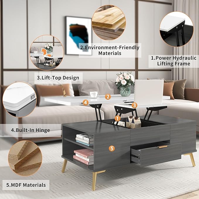 47 Inch Lift Top Coffee Table with 4 Drawers, Modern Center Table with Extendable Tabletop and Open Shelf, Multi Functional Coffee Table for Living Room, White+Grey - LeafyLoom
