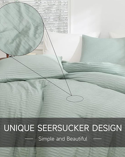 Sage Green Seersucker Comforter Set Full Size (79x90 in), 3 Pieces Soft Crinkled Textured Comforter with 2 Pillowcases, Lightweight Microfiber Down Alternative Bedding Set for All Season - LeafyLoom