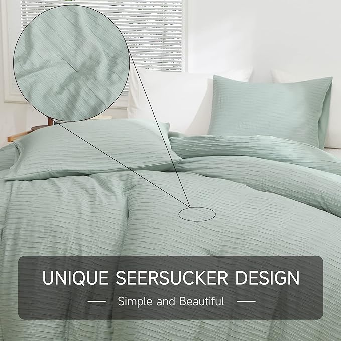 Sage Green Seersucker Comforter Set Full Size (79x90 in), 3 Pieces Soft Crinkled Textured Comforter with 2 Pillowcases, Lightweight Microfiber Down Alternative Bedding Set for All Season - LeafyLoom