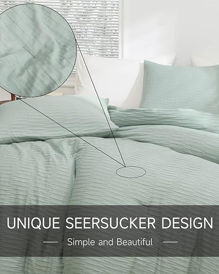 Sage Green Seersucker Comforter Set Twin Size (66x90 in), 2 Pieces Soft Crinkled Textured Comforter with 1 Pillowcase, Lightweight Microfiber Down Alternative Bedding Set for All Season - LeafyLoom