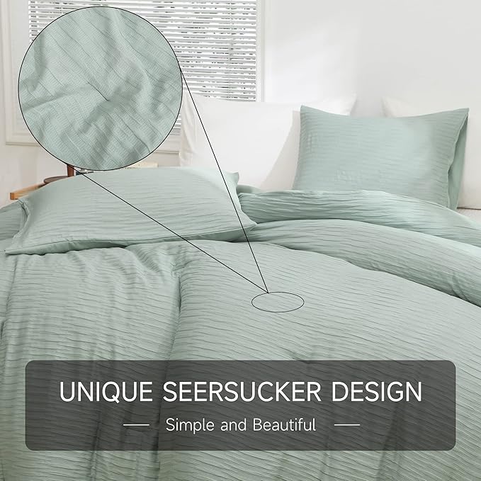 Sage Green Seersucker Comforter Set Twin Size (66x90 in), 2 Pieces Soft Crinkled Textured Comforter with 1 Pillowcase, Lightweight Microfiber Down Alternative Bedding Set for All Season - LeafyLoom