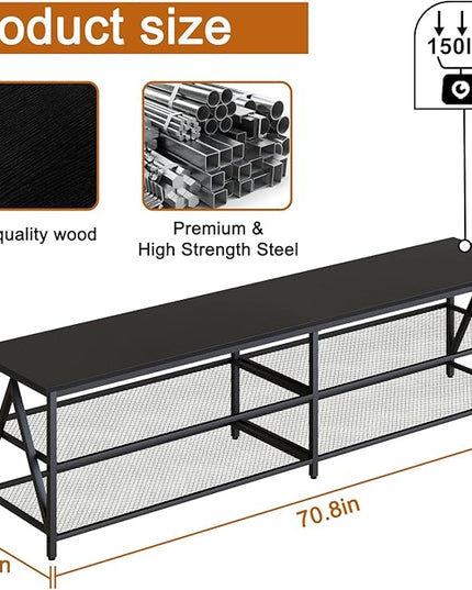 TV Stand for TV up to 75 Inch, Long 70" TV Cabinet with 3-Tier Storage Shelves,Entertainment Center TV Console Table for Living Room with Industrial TV Metal Frame, Black Oak - LeafyLoom