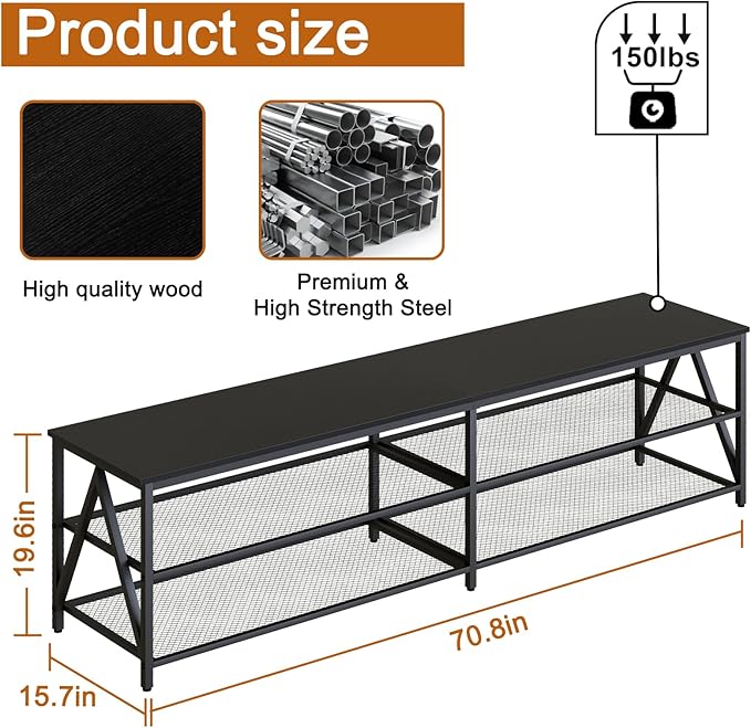 TV Stand for TV up to 75 Inch, Long 70" TV Cabinet with 3-Tier Storage Shelves,Entertainment Center TV Console Table for Living Room with Industrial TV Metal Frame, Black Oak - LeafyLoom