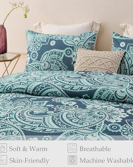 Whale Flotilla King Comforter Set, Soft Reversible Turquoise Bedding Comforter Set with Pailsey Pattern, 1 Micoriber Printed Comforter and 2 Pillow Shams, 3 Pieces - LeafyLoom