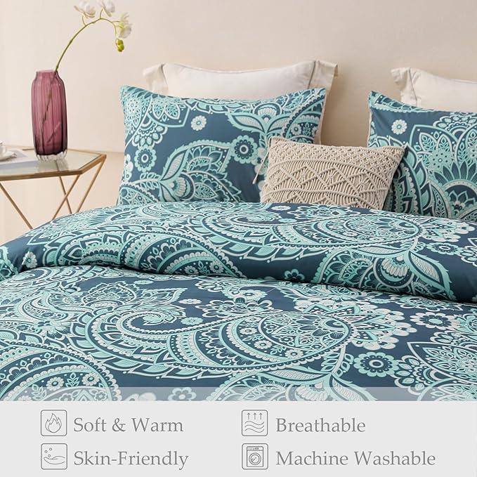 Whale Flotilla King Comforter Set, Soft Reversible Turquoise Bedding Comforter Set with Pailsey Pattern, 1 Micoriber Printed Comforter and 2 Pillow Shams, 3 Pieces - LeafyLoom