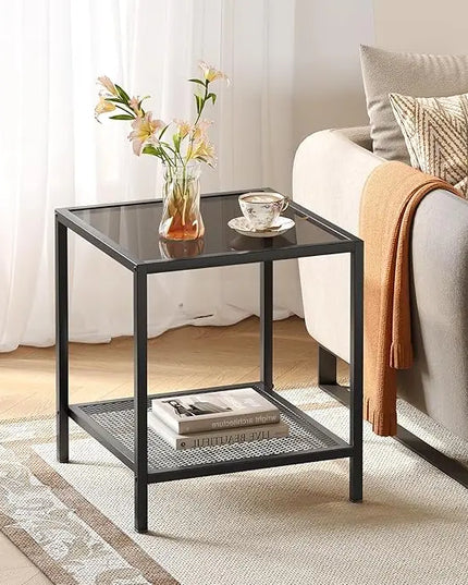 SAYGOER Black Side Table Small Glass End Table 2-Tier Narrow Square Bed Side Table Sofa Small Leisure Table with Black Metal Frane for Living Room Bedroom Balcony Patio, Black Glass - LeafyLoom