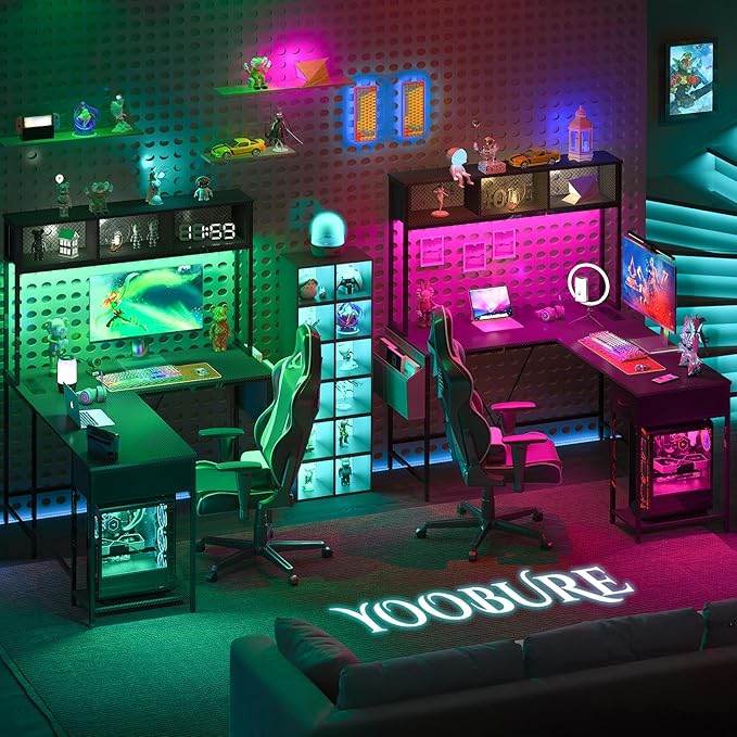Yoobure L Shaped Desk Gaming Desk with LED Strip & Power Outlet, Reversible L-Shaped Computer Desk with Drawer, Corner Desk with Storage Shelf, 2 Person Home Office Desk, Carbon Fiber Black - LeafyLoom
