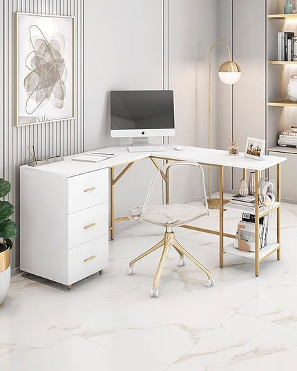 Techni Mobili L Shaped Desk - Two-Toned Computer Desk with Drawers & Storage Shelves - Simple Modern Furniture & Home Office Space Corner Table for Work & Writing - LeafyLoom
