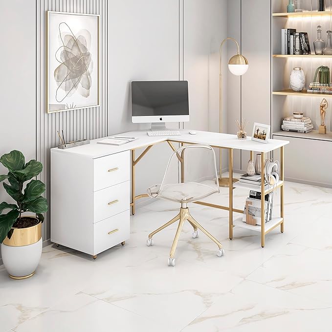 Techni Mobili L Shaped Desk - Two-Toned Computer Desk with Drawers & Storage Shelves - Simple Modern Furniture & Home Office Space Corner Table for Work & Writing - LeafyLoom