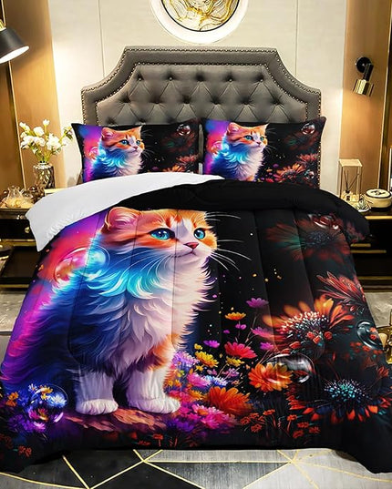 Cartoon Kawaii Cat Comforter Set Full Size 3D Animals Flower Toddler Bedding Set Cat Lovers Animal Bubble Design Quilt Bed Set for Girls Kids Teens - LeafyLoom