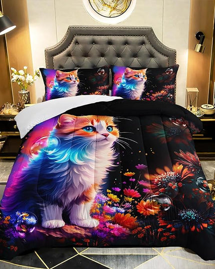 Cartoon Kawaii Cat Comforter Set Twin Size 3D Animals Flower Toddler Bedding Set Cat Lovers Animal Bubble Design Quilt Bed Set for Girls Kids Teens - LeafyLoom