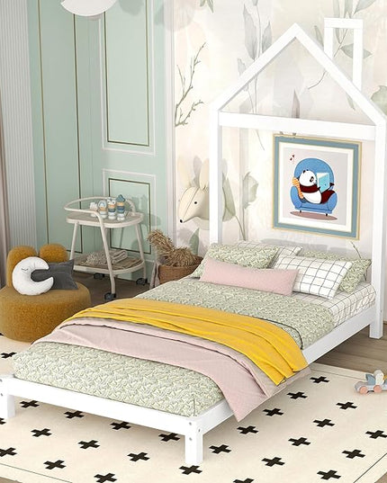 Twin Bed Frame/Kids Bed Frames with Headboard and Slats, Wood Platform Bed with House Shaped Headboard, Twin Size Bed for Kids, Boys, Girls, No Box Spring Needed(White) - LeafyLoom