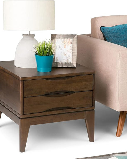 SIMPLIHOME Harper Solid Hardwood 22 inch wide Square Mid Century Modern End Side Table in Walnut Brown with Storage, 2 Drawers, for the Living Room and Bedroom - LeafyLoom