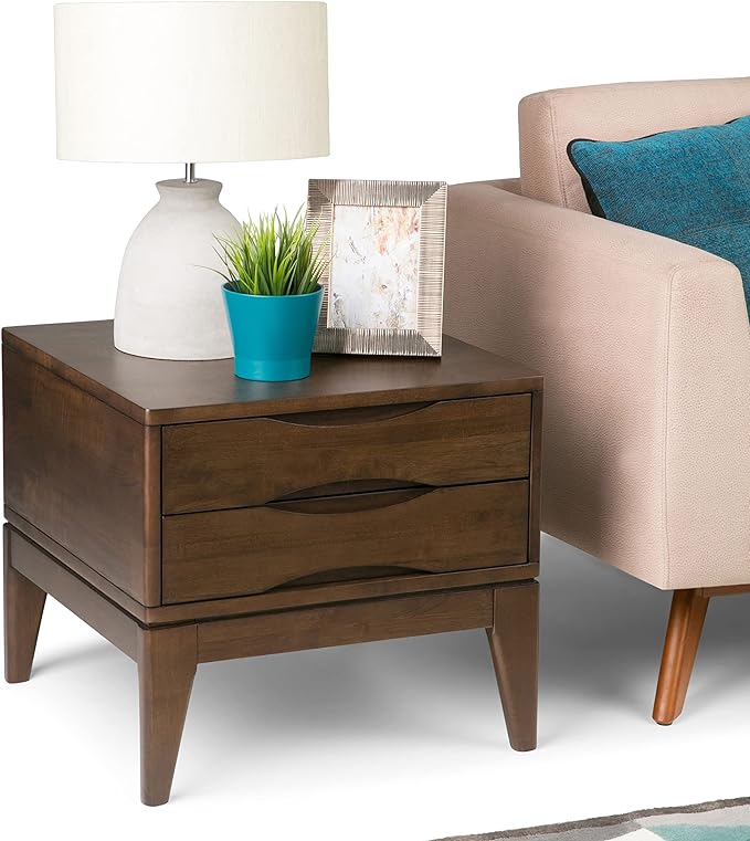 SIMPLIHOME Harper Solid Hardwood 22 inch wide Square Mid Century Modern End Side Table in Walnut Brown with Storage, 2 Drawers, for the Living Room and Bedroom - LeafyLoom
