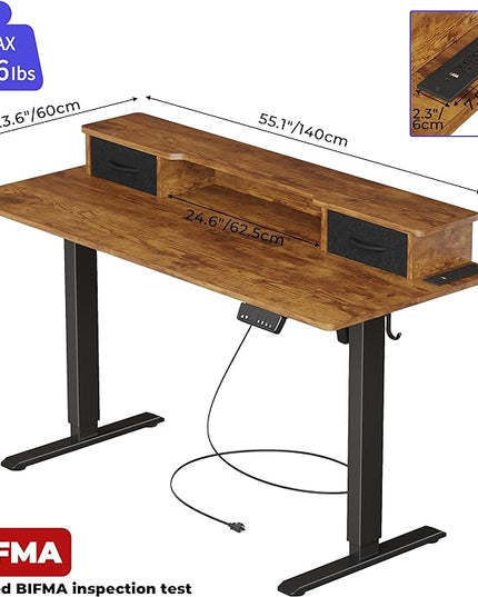 JOISCOPE 55 Inch Electric Standing Adjustable Height Desk with Double Drawer, Home Office Computer Gaming Desk with Storage Shelf and Power Outlets, Sit Stand Desk, Vintage Oak - LeafyLoom