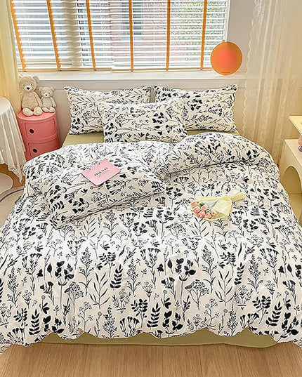 Black Botanical Comforter Set Queen White Black Floral Plant Bedding Comforter Set Girls Garden Pattern Printed on White Blanket Rustic Leaf Blossom Women White Farmhouse Comforter Queen - LeafyLoom