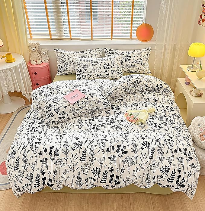 Black Botanical Comforter Set Queen White Black Floral Plant Bedding Comforter Set Girls Garden Pattern Printed on White Blanket Rustic Leaf Blossom Women White Farmhouse Comforter Queen - LeafyLoom