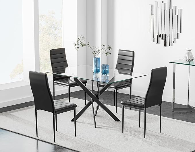 Tempered Glass Dining Table with Black Metal Legs, 47in Modern Rectangular Kitchen Table for Kitchen Dining Room Home Office (47.24 * 27.55, Black) - LeafyLoom