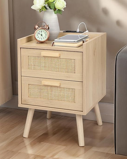 Finnhomy Nightstand with Charging Station, Bedside Table with 2 Hand Made Rattan Decorated Drawers, Night Stand with Storage for Bedroom, Natural - LeafyLoom