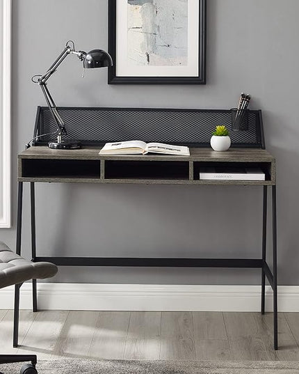 Walker Edison Jones Urban Industrial Metal Mesh Back Writing Desk, 42 Inch, Cerused Ash Grey - LeafyLoom