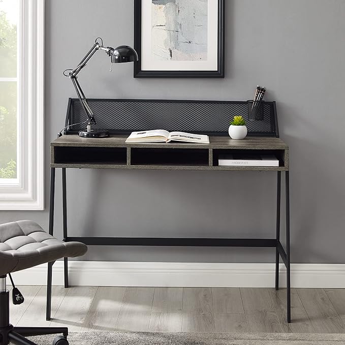 Walker Edison Jones Urban Industrial Metal Mesh Back Writing Desk, 42 Inch, Cerused Ash Grey - LeafyLoom
