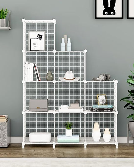 Wolizom Wire Cube Storage, Metal Grids Shelves Bookshelf, Stackable Modular Shelving Organizer, DIY Closet Bookcase Bookshelf, Grid Storage Shelf for Bedroom, Living Room, Office (White, 9 Cube) - LeafyLoom