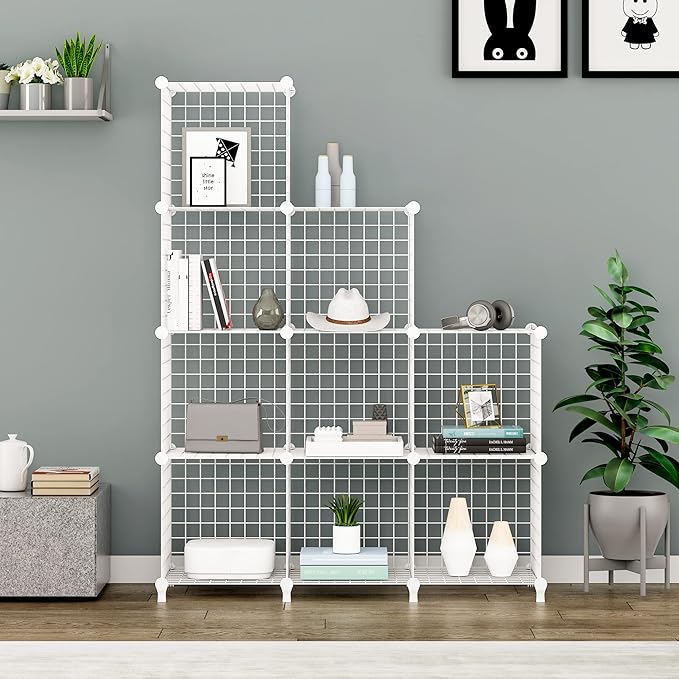 Wolizom Wire Cube Storage, Metal Grids Shelves Bookshelf, Stackable Modular Shelving Organizer, DIY Closet Bookcase Bookshelf, Grid Storage Shelf for Bedroom, Living Room, Office (White, 9 Cube) - LeafyLoom
