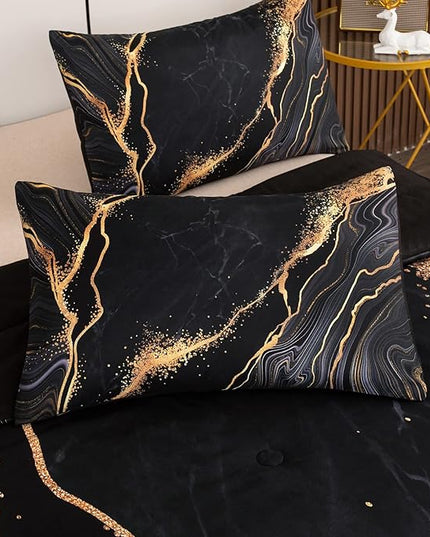 Tailor Shop Marble Bedding Set Soft Microfiber Black and Gold Comforter Set Twin Size for Kids Men and Women with 1 Marble Comforter and 1 Pillowcase - LeafyLoom