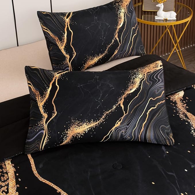 Tailor Shop Marble Bedding Set Soft Microfiber Black and Gold Comforter Set Full Size for Kids Men and Women with 1 Marble Comforter and 2 Pillowcases…… - LeafyLoom