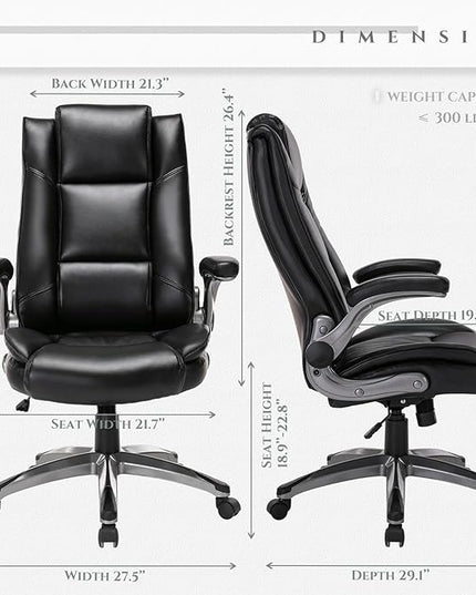 COLAMY Leather Executive Office Chair- High Back Home Computer Desk Chair with Padded Flip-up Arms, Adjustable Tilt Lock, Swivel Rolling Ergonomic Chair for Adult Working Study, Black - LeafyLoom