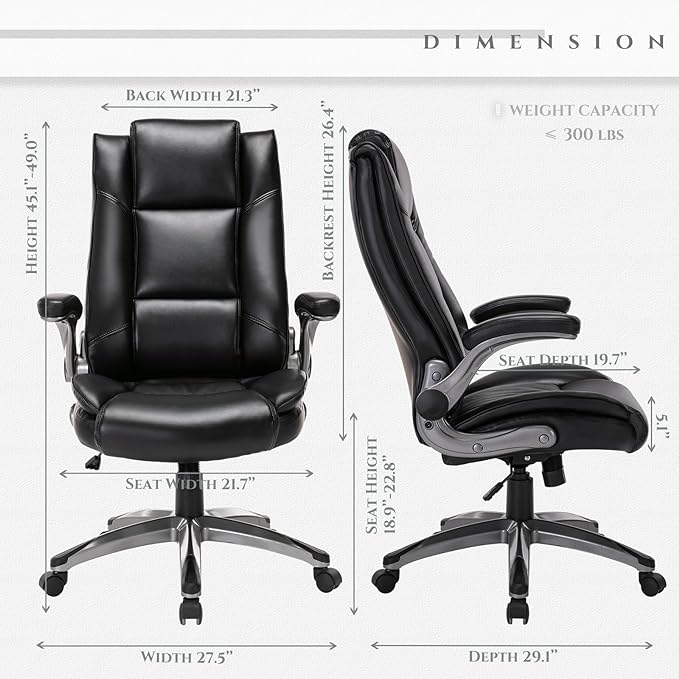 COLAMY Leather Executive Office Chair- High Back Home Computer Desk Chair with Padded Flip-up Arms, Adjustable Tilt Lock, Swivel Rolling Ergonomic Chair for Adult Working Study, Black - LeafyLoom